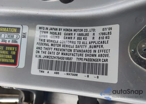 2010 Honda Insight Ex z USA, uszkodzony, nr VIN JHMZE2H75AS019587